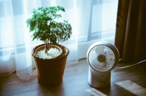 Indoor HVAC dehumidifier unit installed in a residential utility space